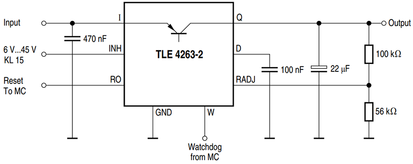 Schéma du circuit d'application - Infineon Technologies Régulateurs de tension linéaires OPTIREG™ TLE4263-2Gx